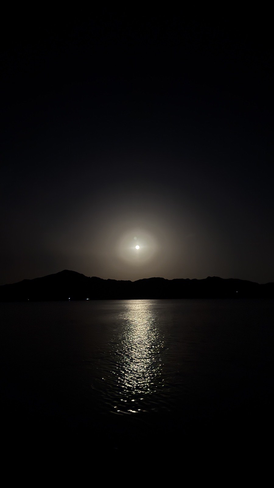 夜の形上湾。月あかりが、水面に一本の道をつくっている